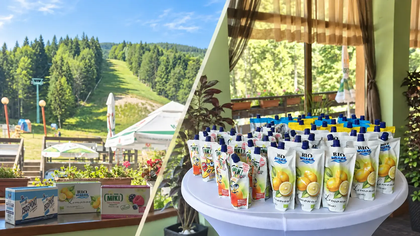 Продуктови напитки, подредени на маса в планинска обстановка